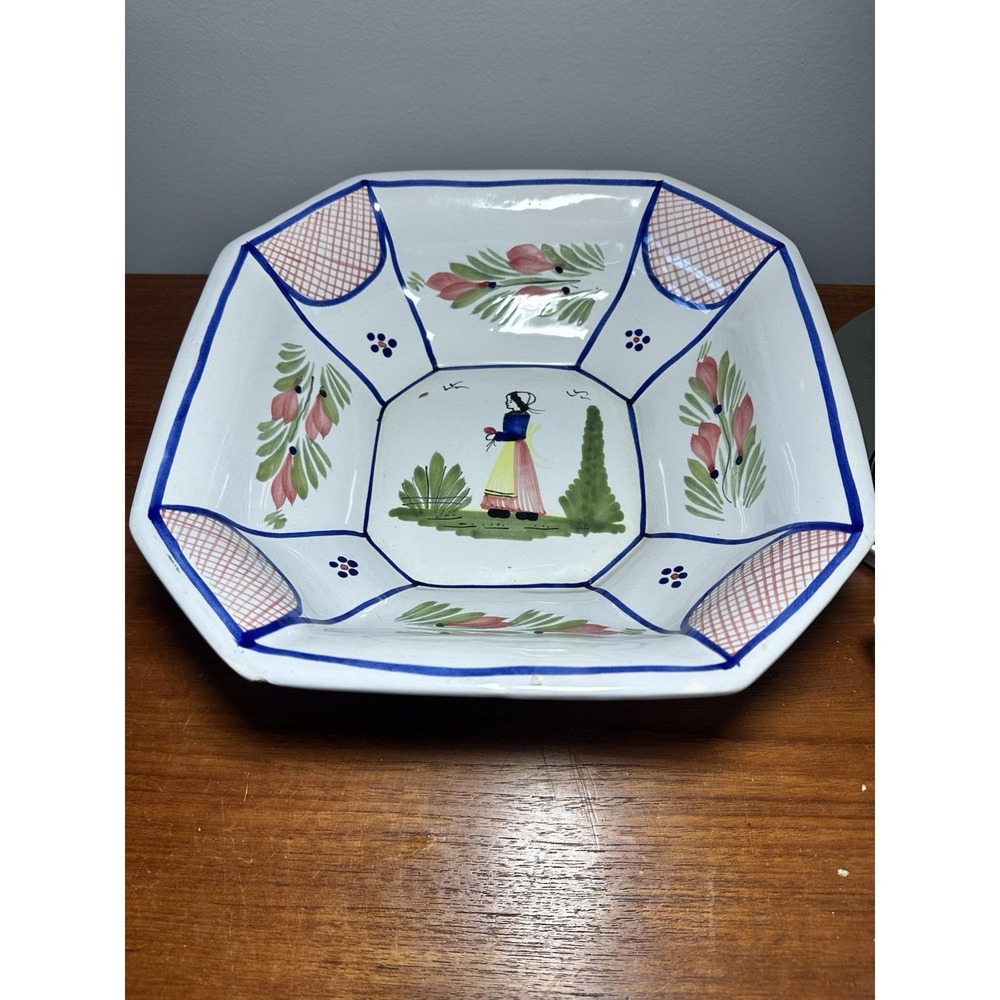 Quimper France Octagonal Serving Bowl Hand‎ Painted Breton Faience 11"